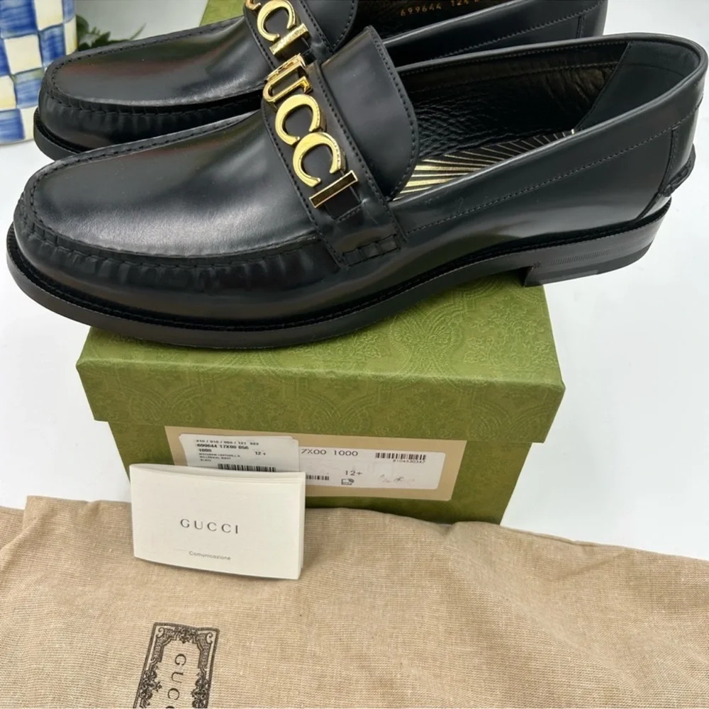 Men’s Gucci gold logo embellished leather loafers size 12.5 made in Italy